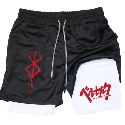 ‌Anime Berserk 2 in 1 Compression Shorts for Men - Running, Training, Yoga Gym Workout Sportswear with Pockets RL0018