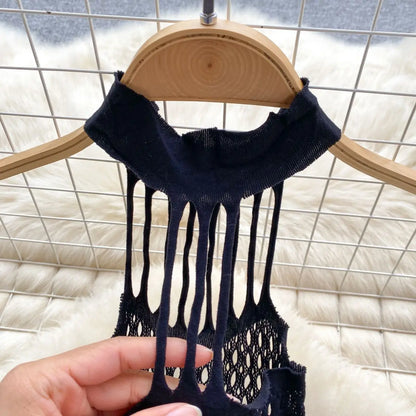 High Elastic Hollow Out Bodycone Women's Pajamas Sexy Erotic Lingerie Halter One-Piece Slim Jumpsuit Bodysuit Black Nightwear