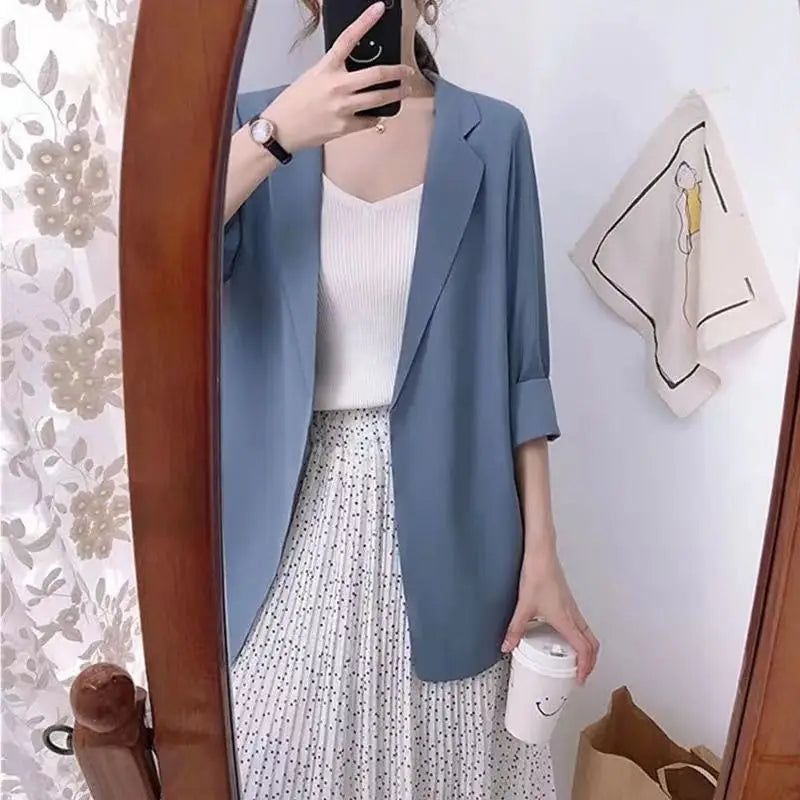 Women Blazer Jacket Cardigan Summer Suit Coat Three Quarter Sleeve Turn Down Collar Office Lady Open Stitch Outerwear 2025
