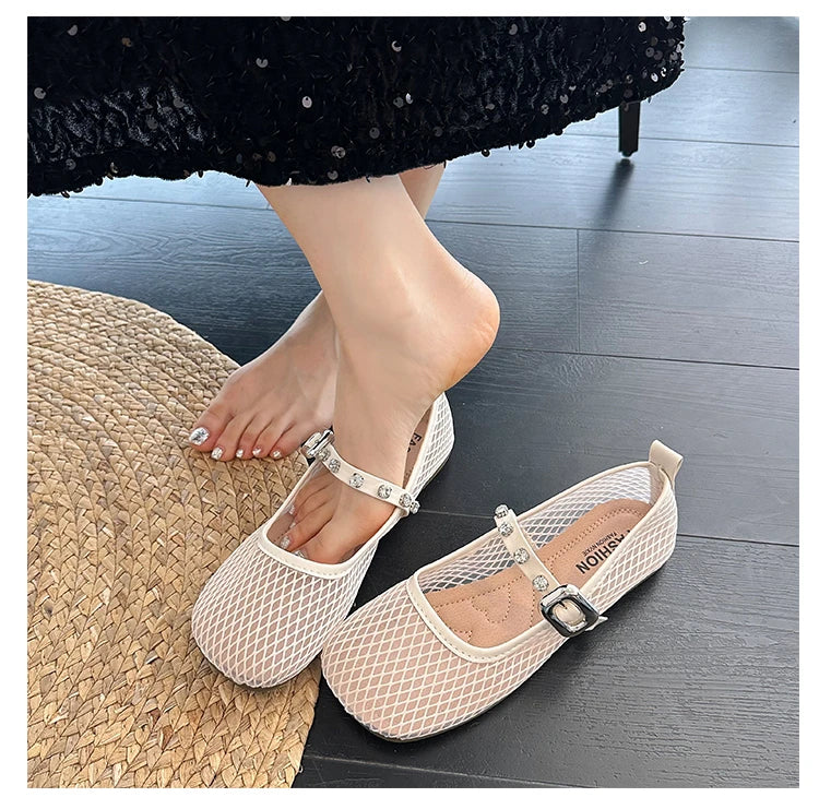 Mesh Breathable Flat Mary Jane Shoes Women Fashion Square Toe Soft Bottom Sandals Comfort Buckle Designer Ballet Shoe for Ladies