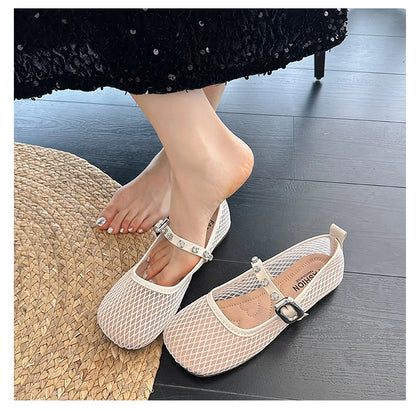 Mesh Breathable Flat Mary Jane Shoes Women Fashion Square Toe Soft Bottom Sandals Comfort Buckle Designer Ballet Shoe for Ladies