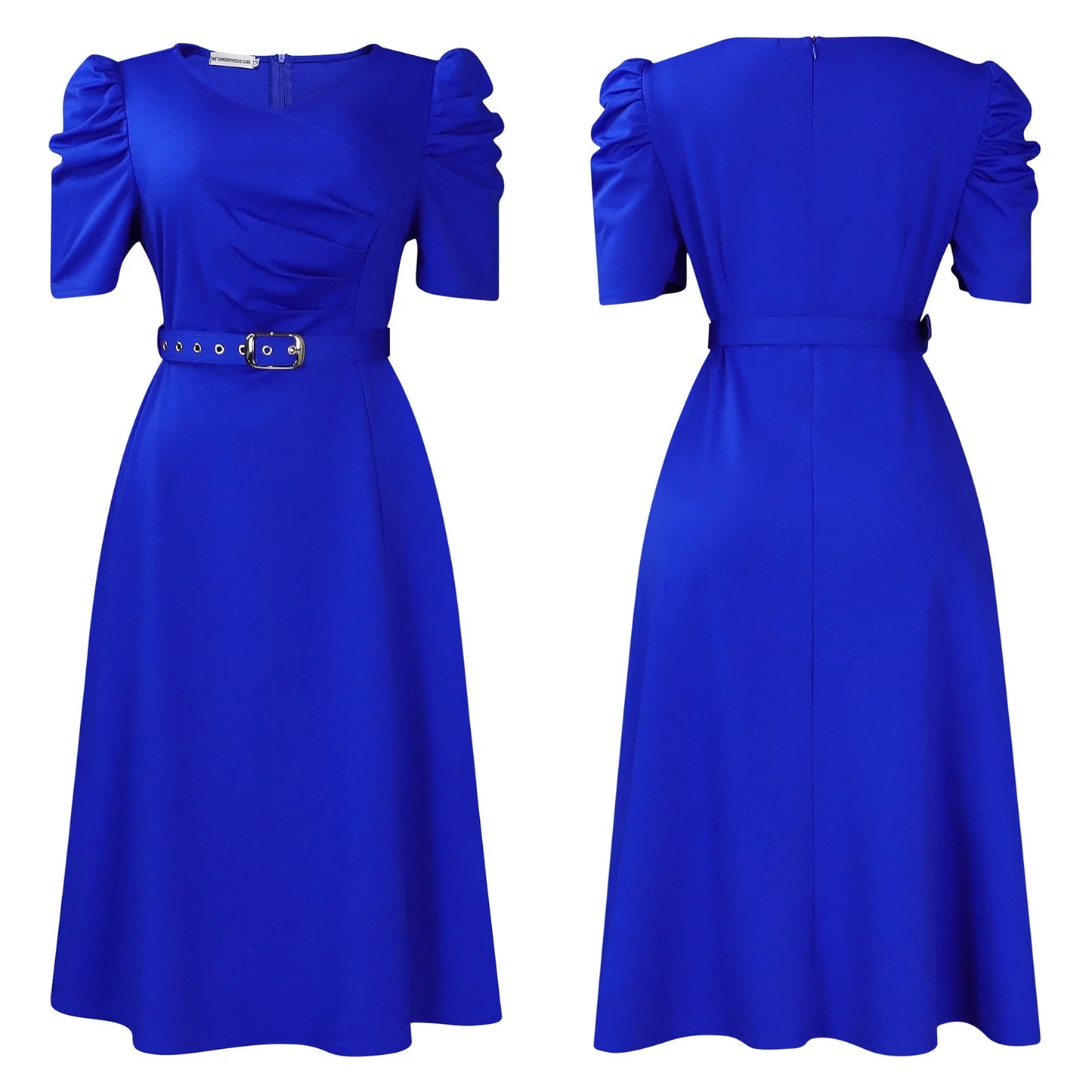 Elegant Party Dresses for Women V Neck Short Sleeve Belt Waisted Pleated Mid Calf Luxury Birthday Dinner Vestidos Mujer Dress OL