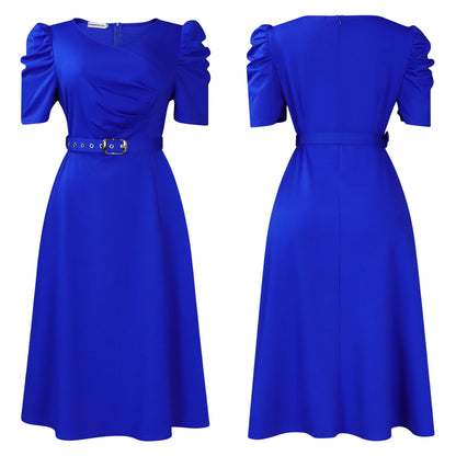 Elegant Party Dresses for Women V Neck Short Sleeve Belt Waisted Pleated Mid Calf Luxury Birthday Dinner Vestidos Mujer Dress OL
