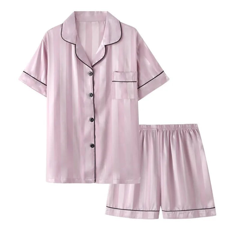 2Pcs/set Ice Silk Women's Pajamas Short Sleeve Short Pants Simulation Silk Home Clothing Solid Color Striped Student Pajamas S L