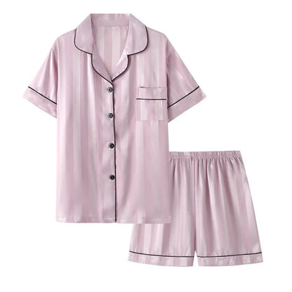2Pcs/set Ice Silk Women's Pajamas Short Sleeve Short Pants Simulation Silk Home Clothing Solid Color Striped Student Pajamas S L