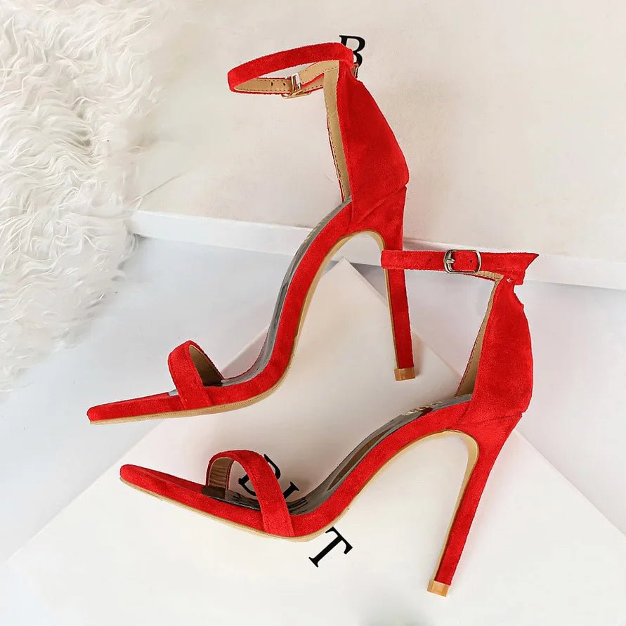 Women 10cm High Heels Flock Stripper Sandals Female Fetish Strappy Red Shoes Lady Valentine Green Summer Classic Sexy Pumps