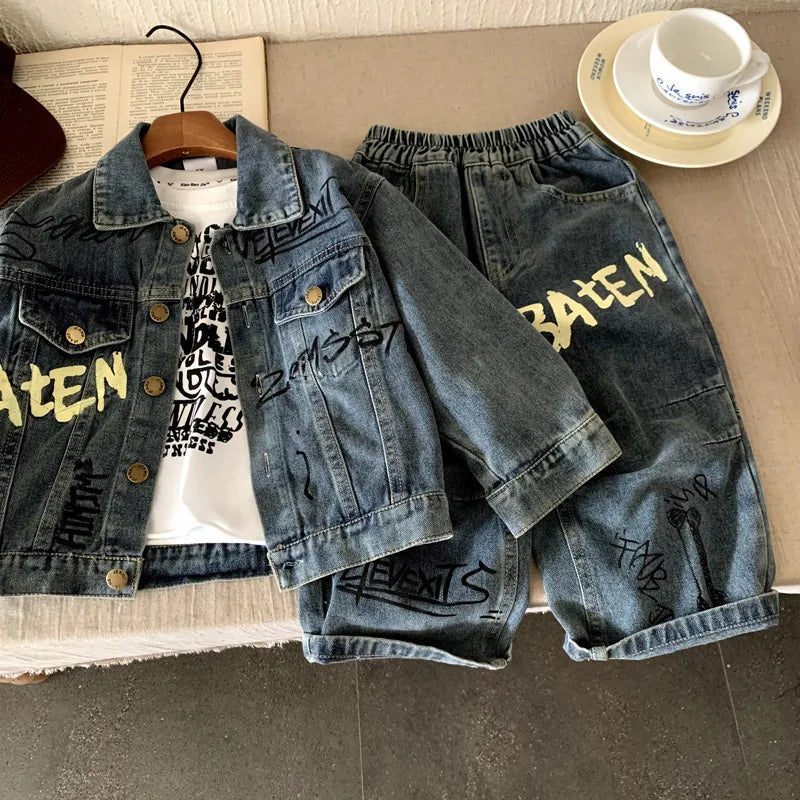 Boys Denim  Set 2025 Autumn Spring Korean Style Kids Clothes Fashion Trendy Letter Print Denim Jacket Jeans Two Piece Set