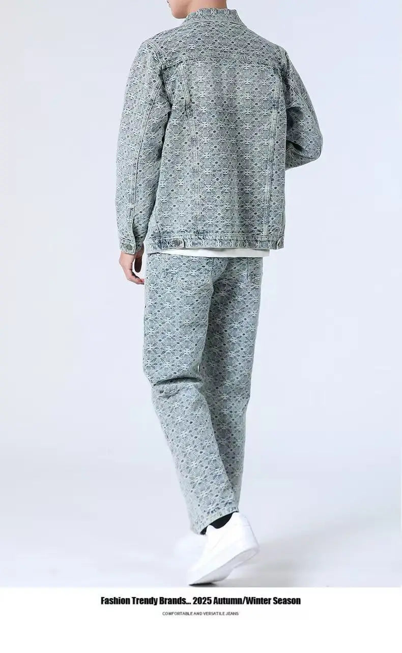 High Street Denim Sets Men's Jacquard Ragged Loose Casual Retro Washed Denim Shirt Style Jacket Jeans Pants