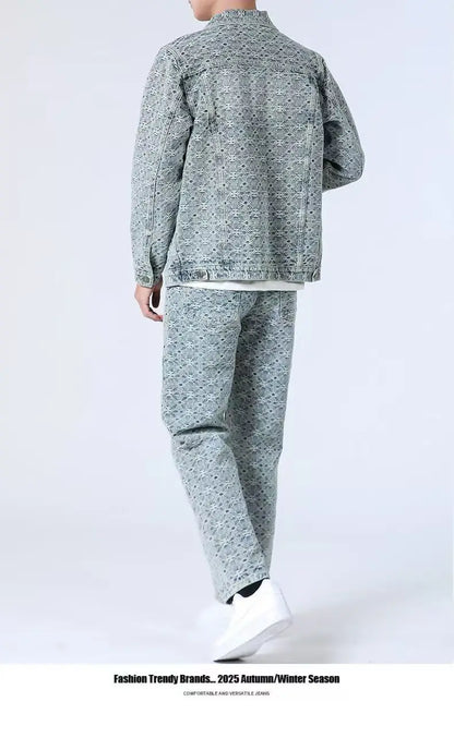 High Street Denim Sets Men's Jacquard Ragged Loose Casual Retro Washed Denim Shirt Style Jacket Jeans Pants