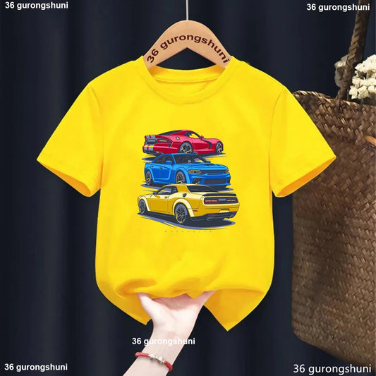2025 New Hot Super Racing Car-Cool Graphic Printed Tshirt Boys Kawaii Kids Clothes Summer Short Sleeve Solid Yellow T-Shirt Tops