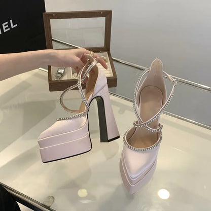 15cm Spring and Summer 2025 New Fashion Platform Thick Heels Hate Sky High Pointed Satin High Heels Show Women's Single Shoes