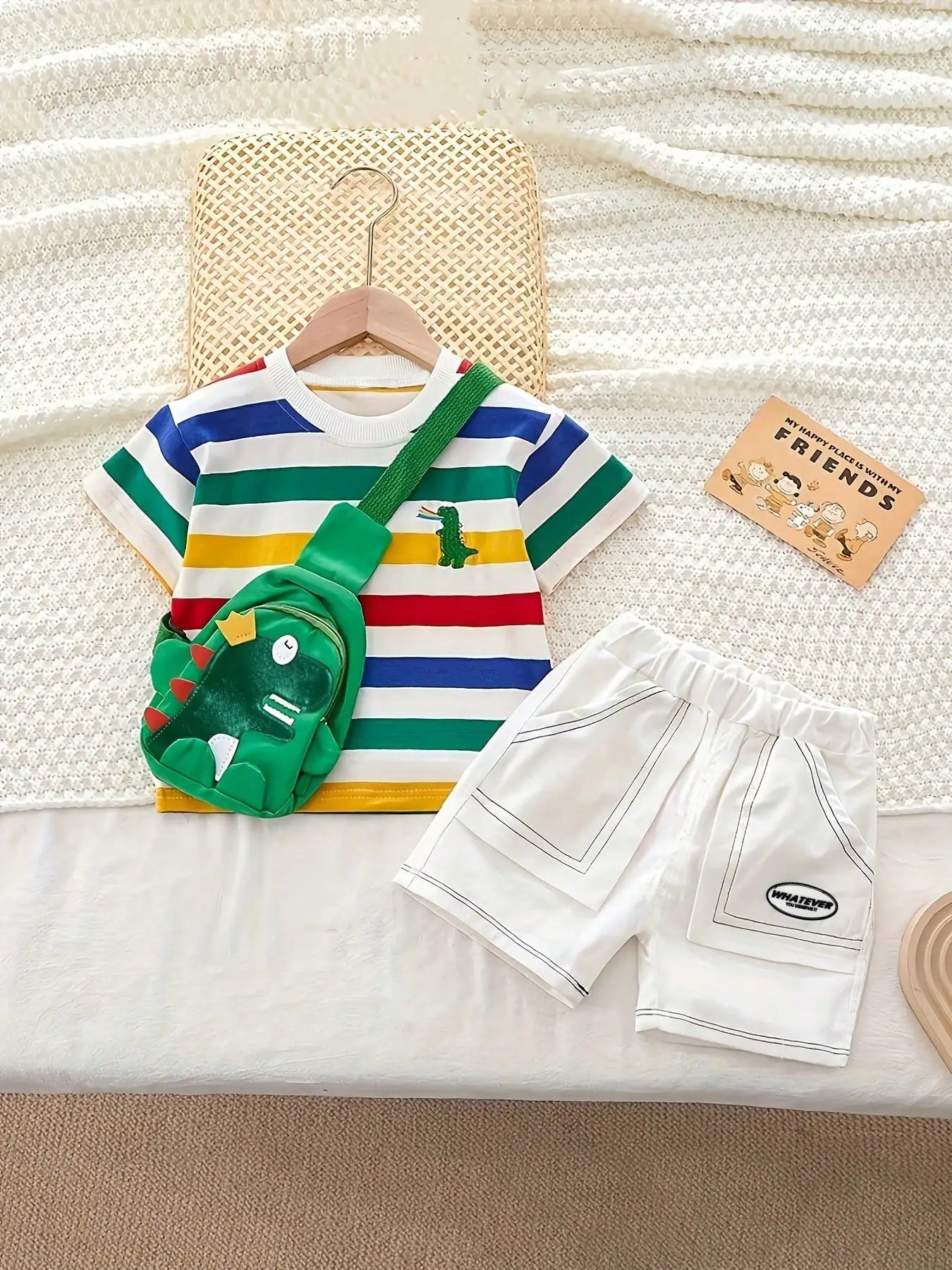 Children's Dinosaur Themed Fashionable Striped Shirt And Shorts Set Embroidered Dinosaur Design Includes Dinosaur Accessory
