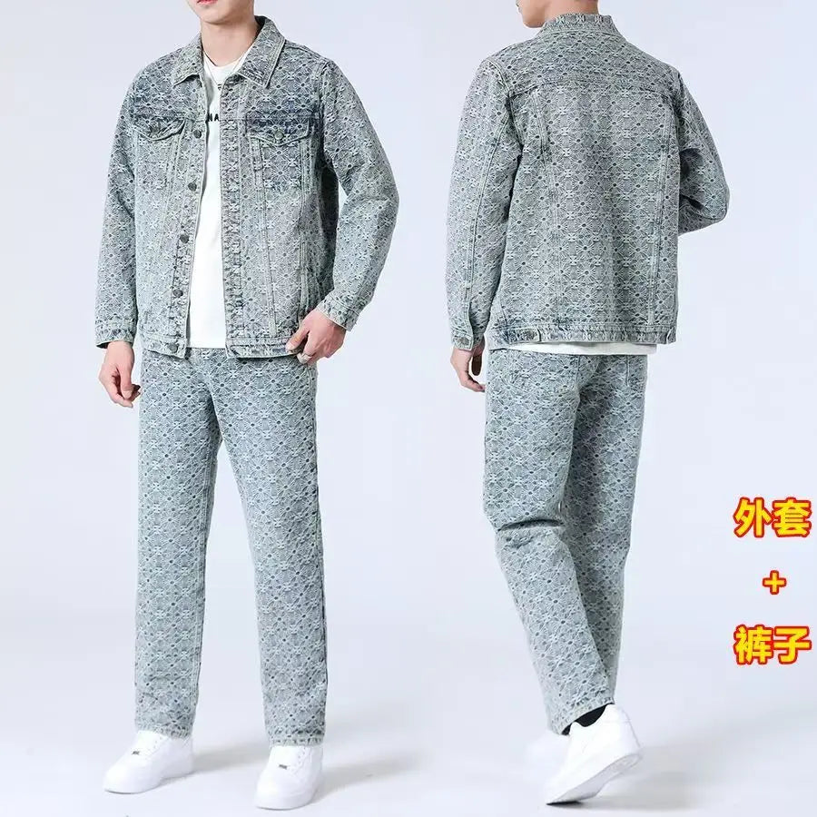 High Street Denim Sets Men's Jacquard Ragged Loose Casual Retro Washed Denim Shirt Style Jacket Jeans Pants