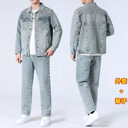 High Street Denim Sets Men's Jacquard Ragged Loose Casual Retro Washed Denim Shirt Style Jacket Jeans Pants