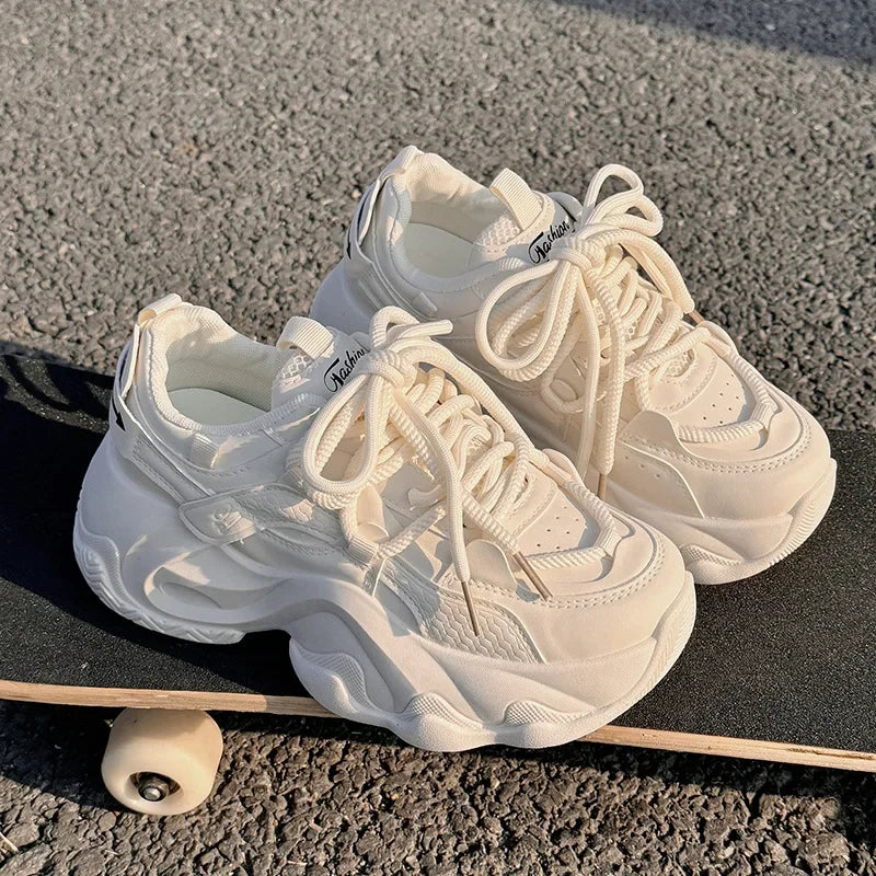 High Platform Sneakers Women Leather Dad Shoes Women Black Chunky Sneakers Thick Sole Shoes 2025 Fashion Height Increasing Shoes