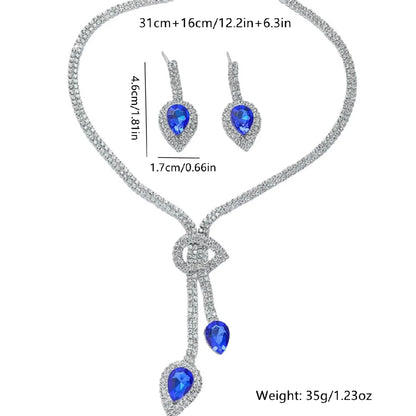 FYUAN Women's Crystal Jewelry Set Sapphire Blue Silver Color Water Drop Necklace Earrings Wedding Party Festival Wear