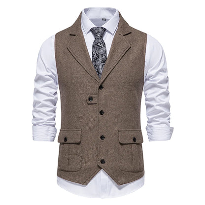 New Men's Retro Lapel Vest Herringbone Coarse Tweed Pockets Suit Vest British Casual Vintage Gentleman Leisure Party Bar Banquet