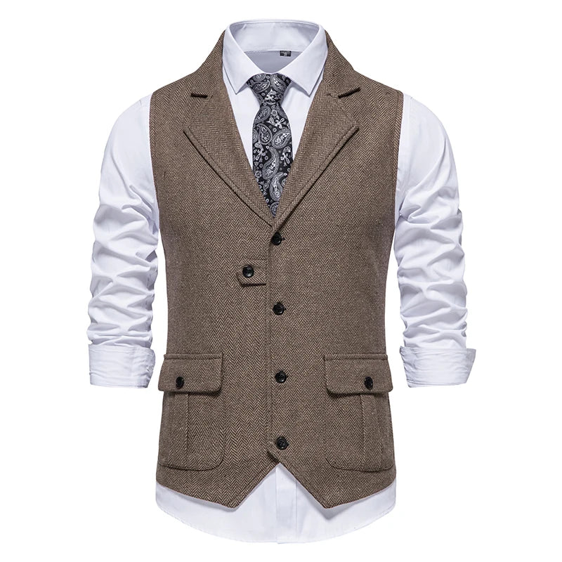 New Men's Retro Lapel Vest Herringbone Coarse Tweed Pockets Suit Vest British Casual Vintage Gentleman Leisure Party Bar Banquet