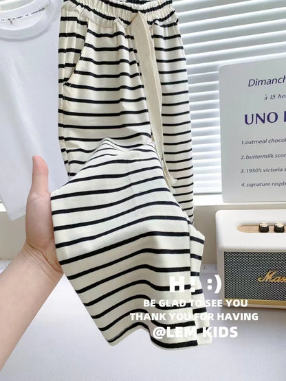 New Summer Girls Clothing Set Comfortable Style Short Sleeve T-shirt + Stripe Pants 2Pcs Suit For Girl Children Fashion Outfit