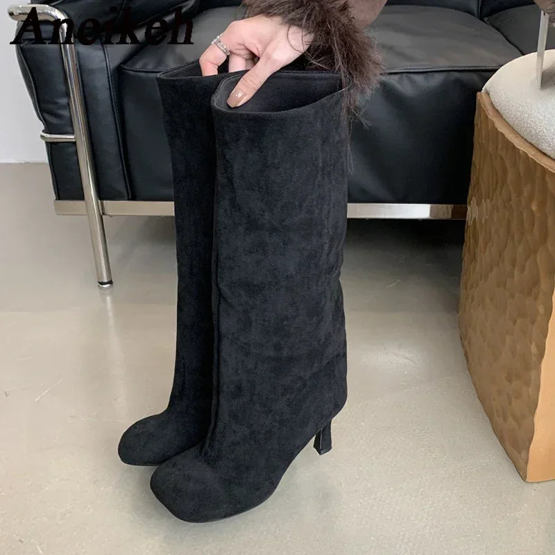 Aneikeh Large Size 41  42 Winter Street Style Round Toe Knee-High Women Boots Punk Thin High Heels Shoes Female Long Booties