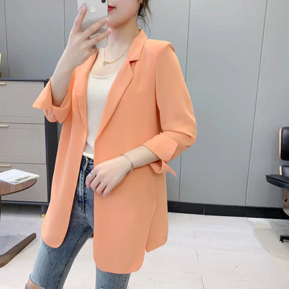 Women Blazer Jacket Cardigan Summer Suit Coat Three Quarter Sleeve Turn Down Collar Office Lady Open Stitch Outerwear 2025