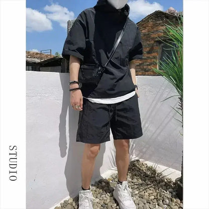 Summer Cargo Style Set Men's Casual Hooded Solid Short Sleeve T-shirt Shorts Loose Fashion High Quality Handsome Sweatshirt Suit