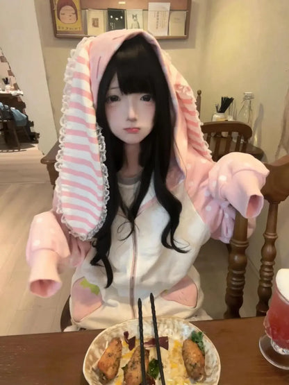 Aoaiiys Japanese Hoodies Women Kawaii Rabbit's Ears Loose Outerwear Strawberry Dot Print Aesthetic Sweatshirt Autumn Winter New