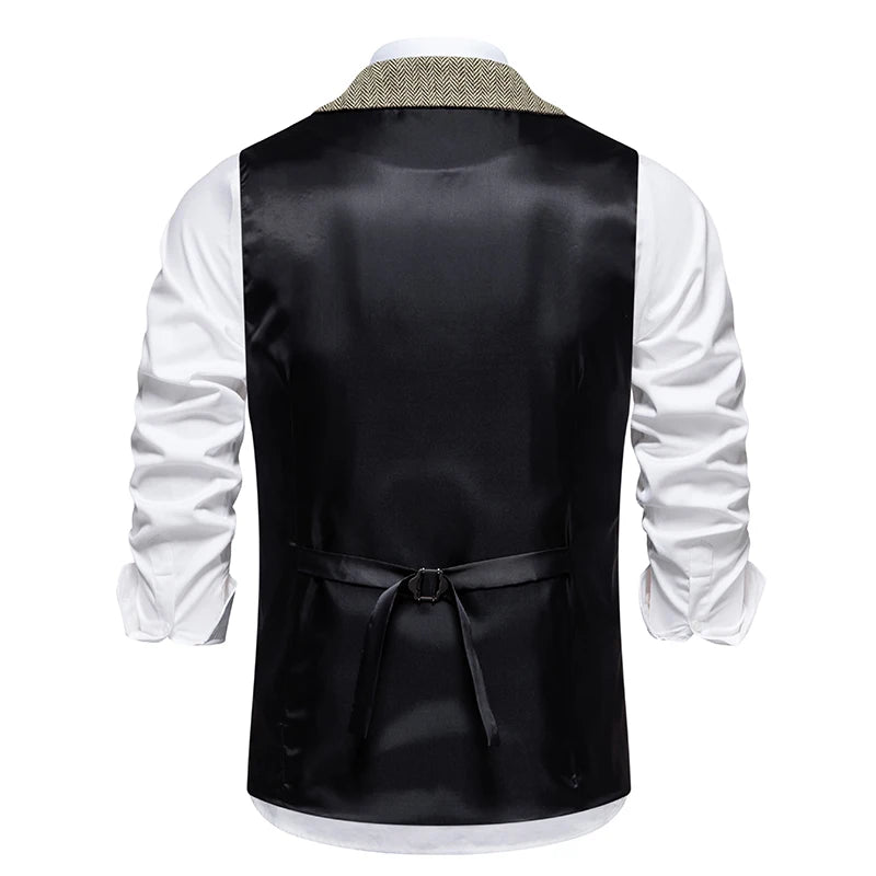 New Men's Retro Lapel Vest Herringbone Coarse Tweed Pockets Suit Vest British Casual Vintage Gentleman Leisure Party Bar Banquet