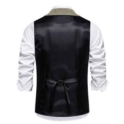 New Men's Retro Lapel Vest Herringbone Coarse Tweed Pockets Suit Vest British Casual Vintage Gentleman Leisure Party Bar Banquet