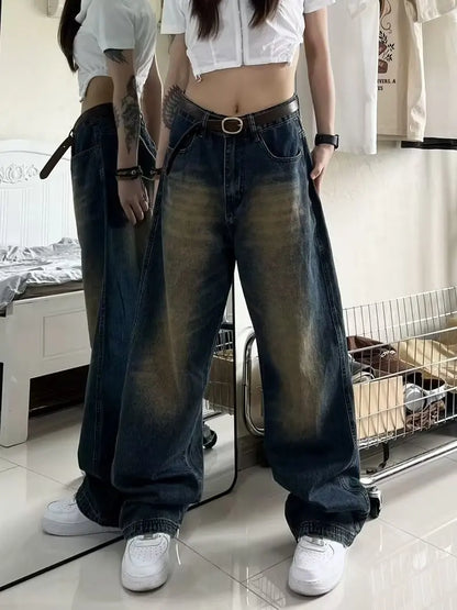 Women Jeans Distressed Full Length Wide Leg Denim Pants Spliced Zipper Fly Vintage Jean Pockets High Street Loose Fit Washed