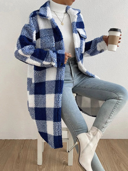 Cardigan 2023 Autumn Long Sleeved Turn-down Collar Plush Plaid Coat Loose Temperament Commuter Longline Jacket Women Outerwear
