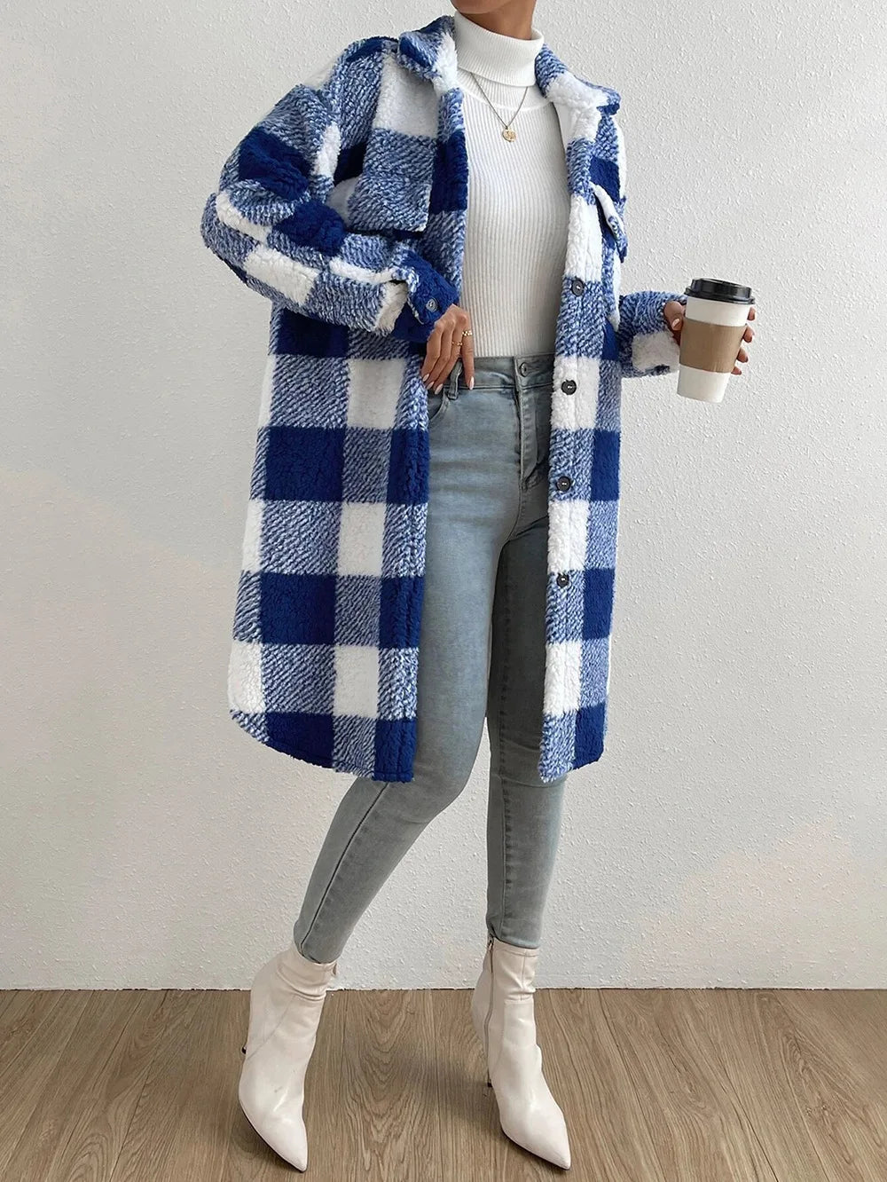 Cardigan 2023 Autumn Long Sleeved Turn-down Collar Plush Plaid Coat Loose Temperament Commuter Longline Jacket Women Outerwear