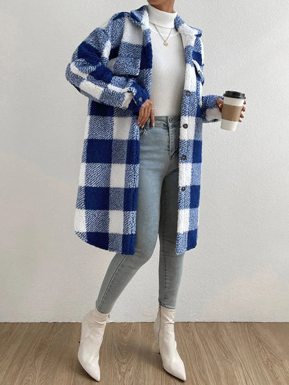 Cardigan 2023 Autumn Long Sleeved Turn-down Collar Plush Plaid Coat Loose Temperament Commuter Longline Jacket Women Outerwear