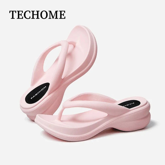 Summer 6CM Women Fashion High Heeled Slippers Female Indoor Casual Wedges Flip Flops Girls Outdoor Beach Thick Platform Sandals