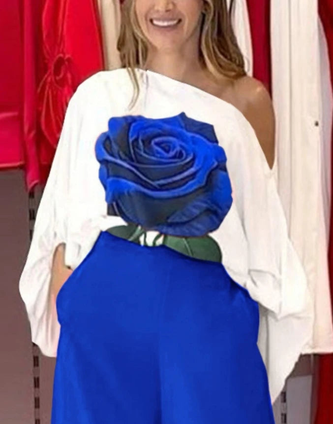 Women Casual Suits 2024 Spring/summer Latest Sketch Neck Rose Print Lantern Sleeves Long Sleeves Top&vacation Wide Leg Pants Set