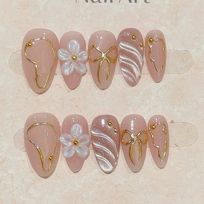 10Pcs Cat Eye Almond Handmade Press on Nails 3D Flower Fake Nails Wearable Stick-on Nails False Nail 네일팁 Накладные Ногти Uñas