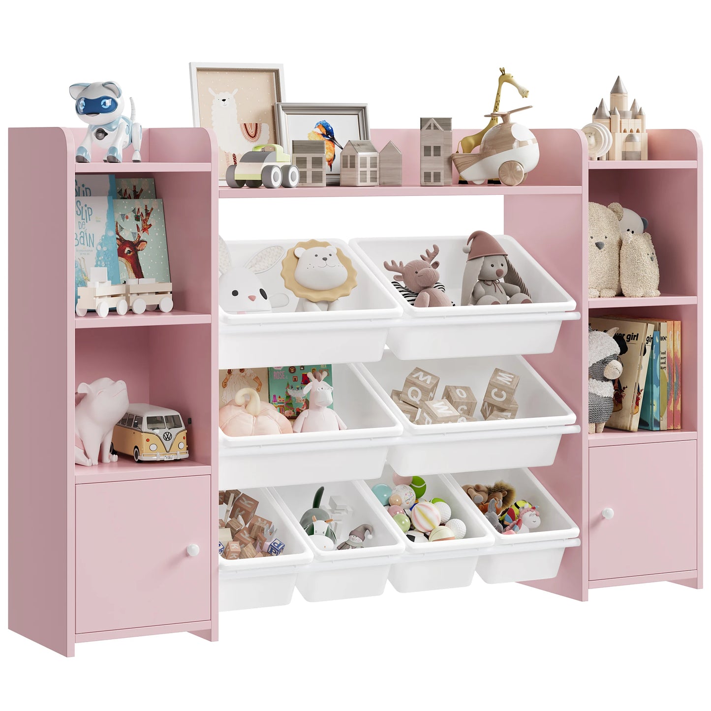 Getone Toy Storage Unit Children's Bookcase Toy Organiser Kids Storage with 8 Removable Boxes and Storage Shelves for Living Room Playroom Bedroom 138.8 x 29.6 x 94.3 cm