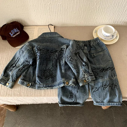 Boys Denim  Set 2025 Autumn Spring Korean Style Kids Clothes Fashion Trendy Letter Print Denim Jacket Jeans Two Piece Set