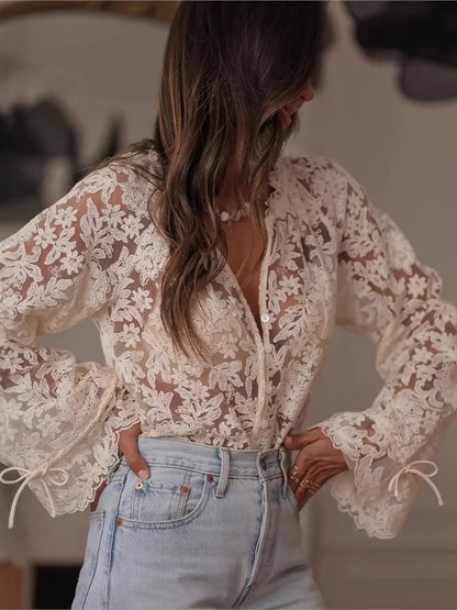 Long Sleeve Lace Shirts & Blouses Women Clothing 2025 Blusas Mujer De Moda Hollow Out Sexy Tops See Through Summer Casual Shirt