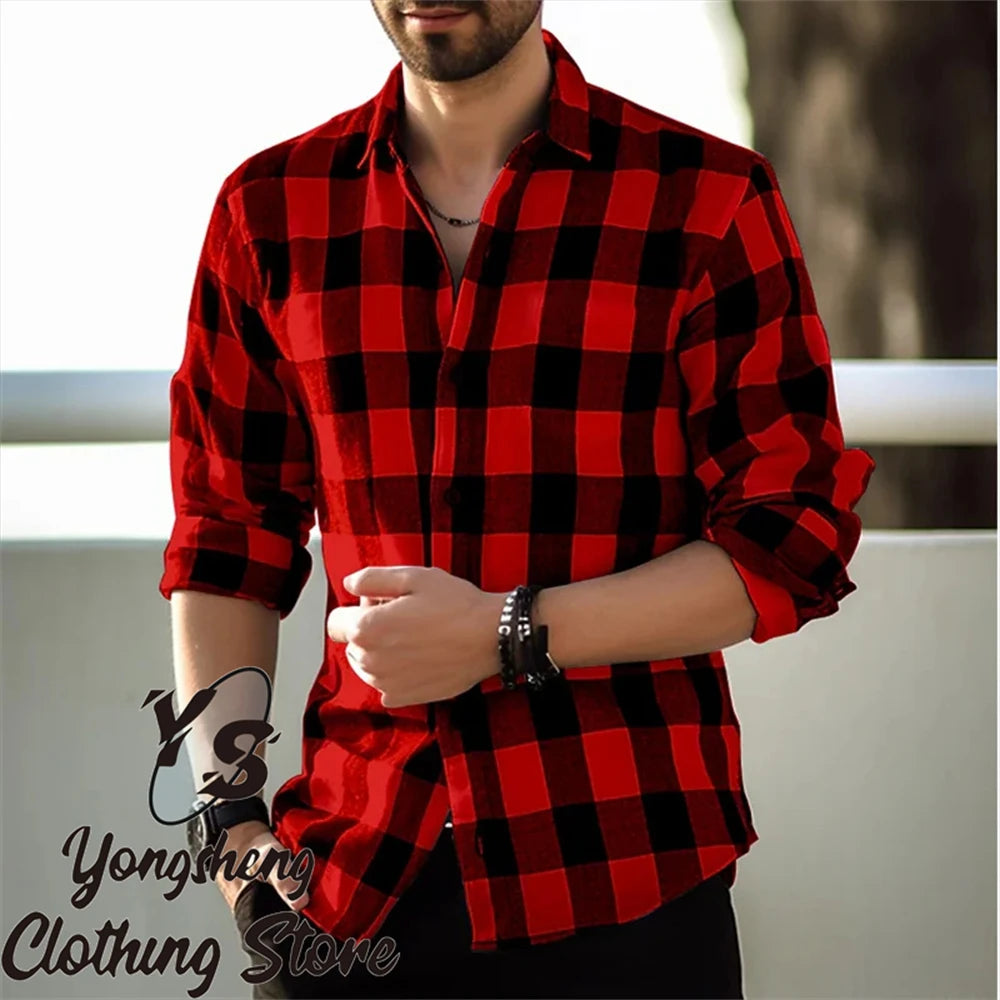Men's long-sleeved shirt printed shirt plaid casual comfortable handsome commuter large size men's clothing XS-6XL