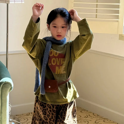 Children's Hoodie 2025 Autumn Girls' Korean Version Long Sleeved Letter Inner with Children's Round Neck Casual Loose Top