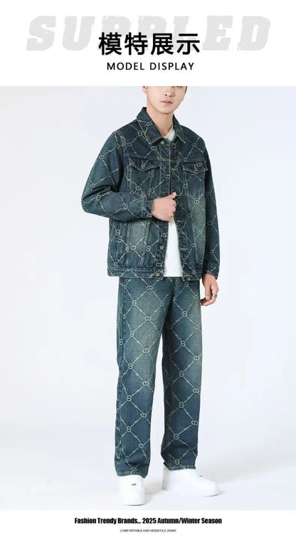 High Street Denim Sets Men's Jacquard Ragged Loose Casual Retro Washed Denim Shirt Style Jacket Jeans Pants