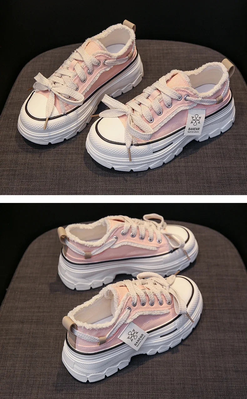 2025 Autumn New Women's Canvas Shoes Round Head Thick Soles Fringed Denim Casual Shoes Increased Height Sports