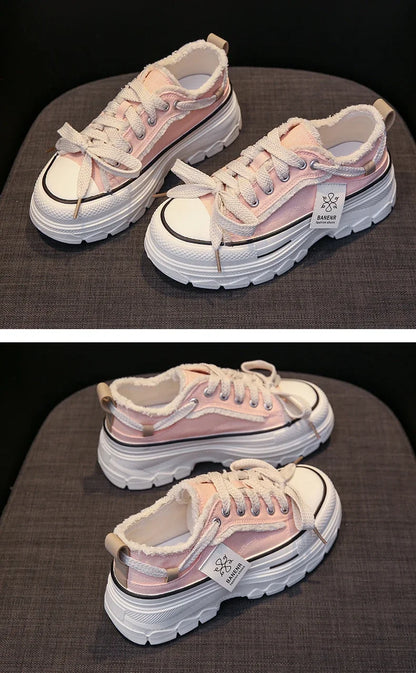 2025 Autumn New Women's Canvas Shoes Round Head Thick Soles Fringed Denim Casual Shoes Increased Height Sports