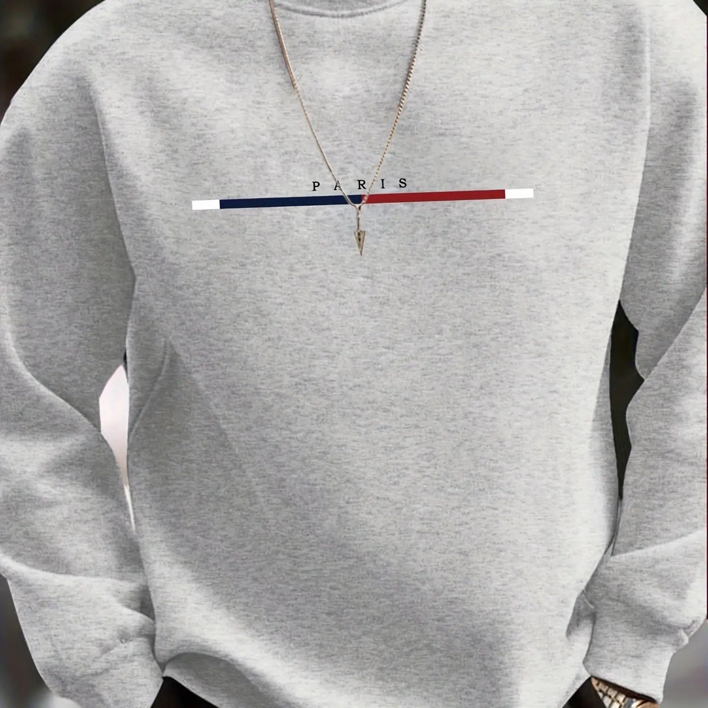 Men's autumn and winter casual sports loose oversized Paris print with fleece warm pullover round neck long sleeved sweatshirt