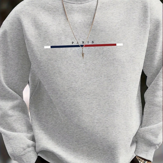 Men's autumn and winter casual sports loose oversized Paris print with fleece warm pullover round neck long sleeved sweatshirt