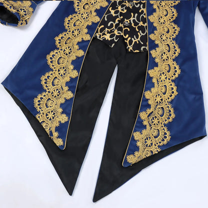 2025 New Blue Lace Tuxedo for Men, Euro- American Medieval Vintage Men's Tailcoat Jacket,medium Length Punk Performance Costume