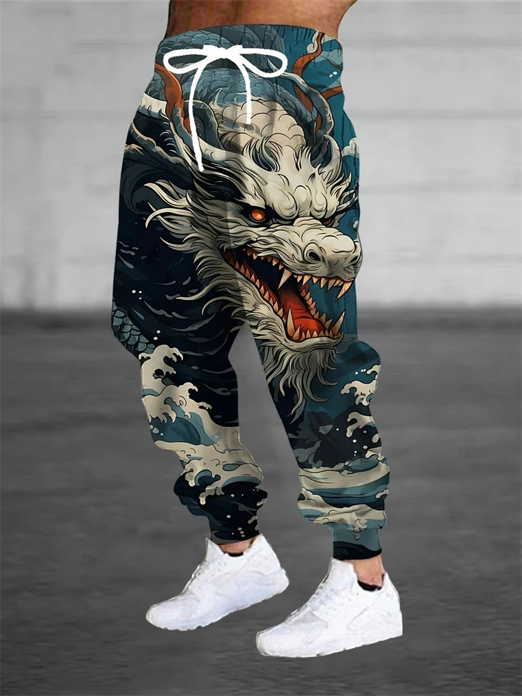 New Men's 3D Dragon Print Jogging Drawstring Pocket Casual Sportswear Pants Fashionable Men's Loose And Elastic Casual Pants