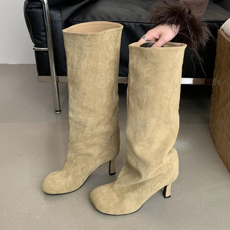 Aneikeh Large Size 41  42 Winter Street Style Round Toe Knee-High Women Boots Punk Thin High Heels Shoes Female Long Booties