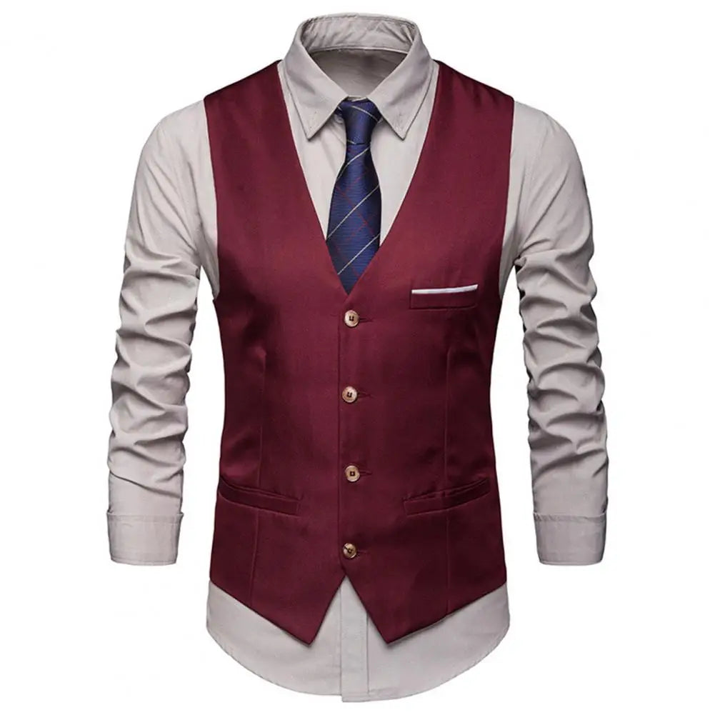 Men Business Waistcoat Workwear Business Formal Wedding Waistcoat Pockets Removable White Strips Suit Vest Classic Solid Color